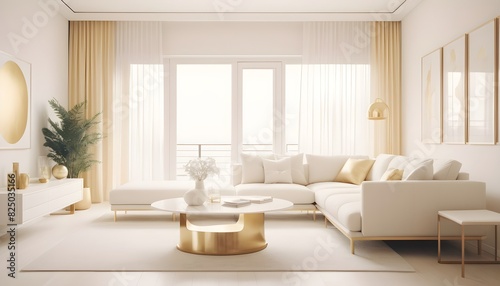 white and gold theme interior modern minimalism photo realism