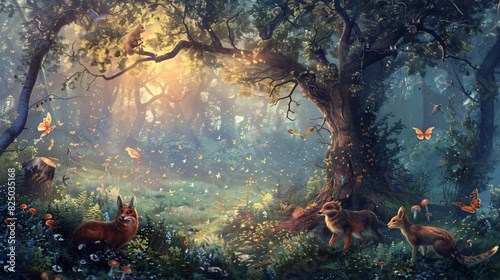 A fox sits in a sunlit forest clearing surrounded by birds and other small woodl and creatures.