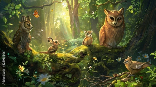 several owls and other birds in a lush green forest  photo