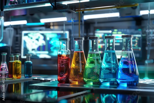 Colorful chemical vials with different colorful liquids in a laboratory, depicting a futuristic concept of scientific research and innovation. In the background is an innovative lab environment with h