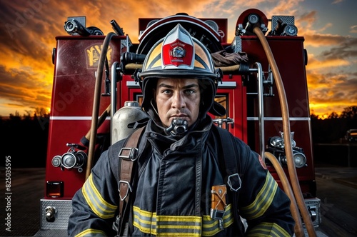 Portrait of a male firefighter on the background of a fire engine.