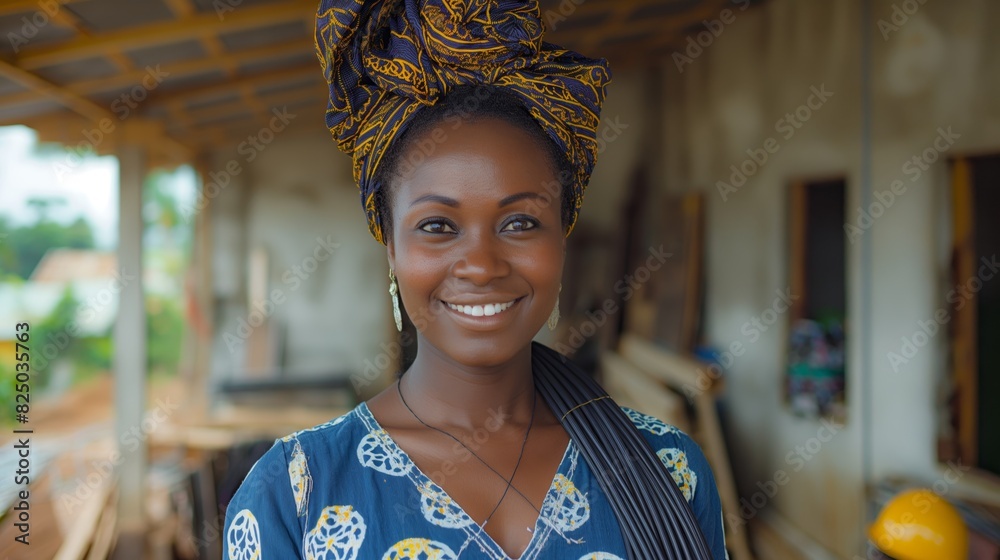 A charmingly smiling dark-skinned girl stands in the room, preparing to begin repairs A charmingly smiling dark-skinned girl stands in the room, preparing to begin repairs