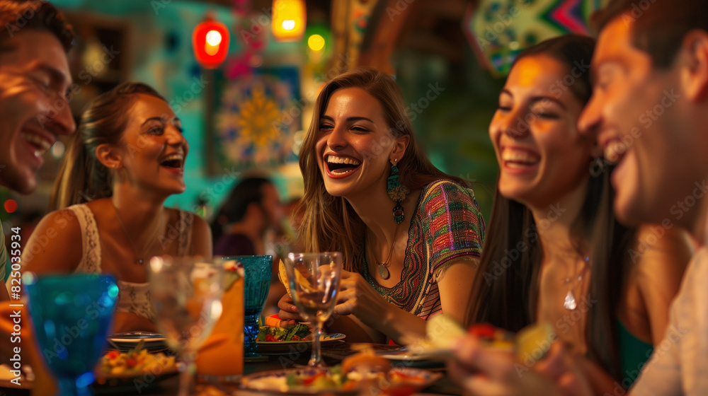 Young People Having Lunch in Vibrant Mexican Restaurant