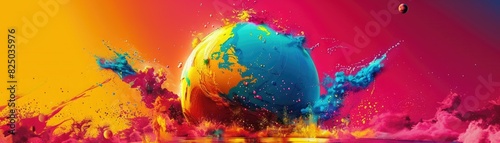 Colorful abstract digital illustration showcasing a vibrant globe amidst splashes of paint against a dynamic, energetic background. © WACHI
