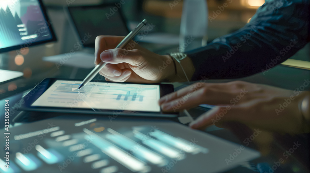 A businessman working with a financial graph and tablet computer on a table in an office, in a close up, hand holding a pen, night, dark setting, concept of late work hours. A businessman working with a financial graph and tablet computer on a table in an office, in a close up, hand holding a pen, night, dark setting, concept of late work hours.