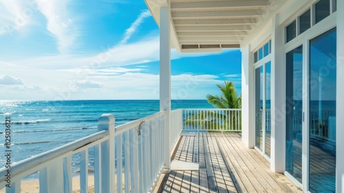 A beachfront villa or vacation rental with a balcony overlooking the ocean, offering empty space for adding vacation rental details or special offers. © Cambo27