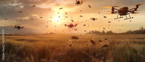 A smart drone swarm dispersing beneficial insects across a field, guided by AI algorithms to target specific areas experiencing pest pressure, contributing to natural pest control in an eco-friendly f photo