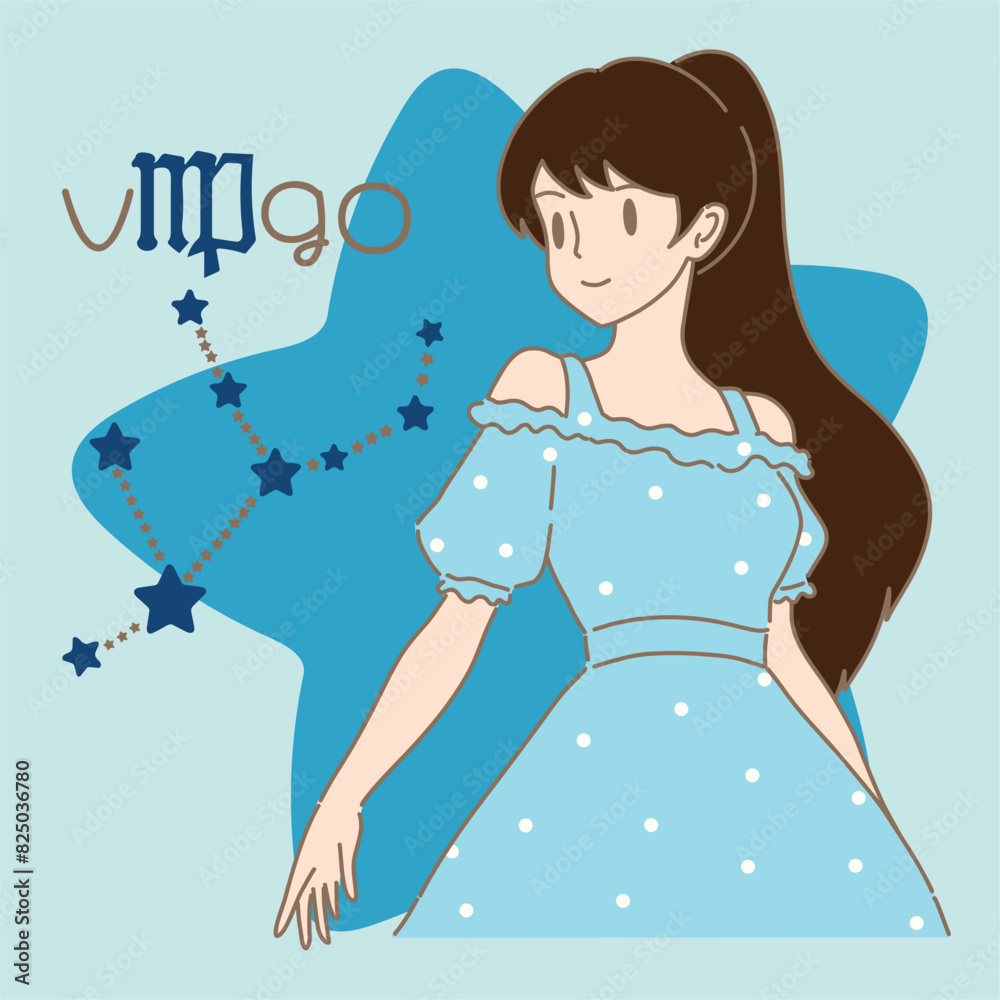 Woman with ponytail hair wearing open shoulders, polka dots dress. Virgo zodiac, astrological sign, constellation, word and star. Hand drawn flat cartoon character vector illustration. Woman with ponytail hair wearing open shoulders, polka dots dress. Virgo zodiac, astrological sign, constellation, word and star. Hand drawn flat cartoon character vector illustration.