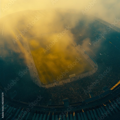Mystical Stadium: Aerial View Amidst Hazy Clouds"