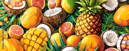 Illustration of a tropical fruit display with pineapples, mangoes, and coconuts. photo