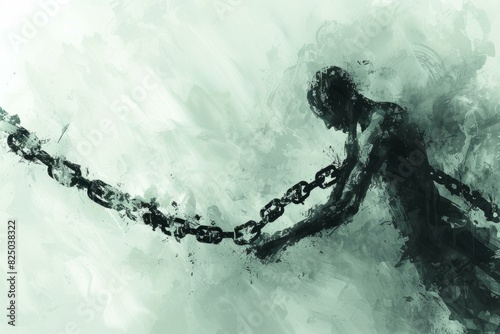 Stylized monochrome digital painting depicting a figure straining to pull heavy chains photo
