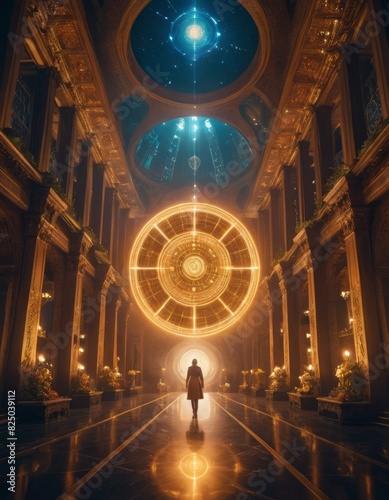 An individual stands in awe inside a grand, ornate hall illuminated by an intricate, glowing celestial mechanism above.