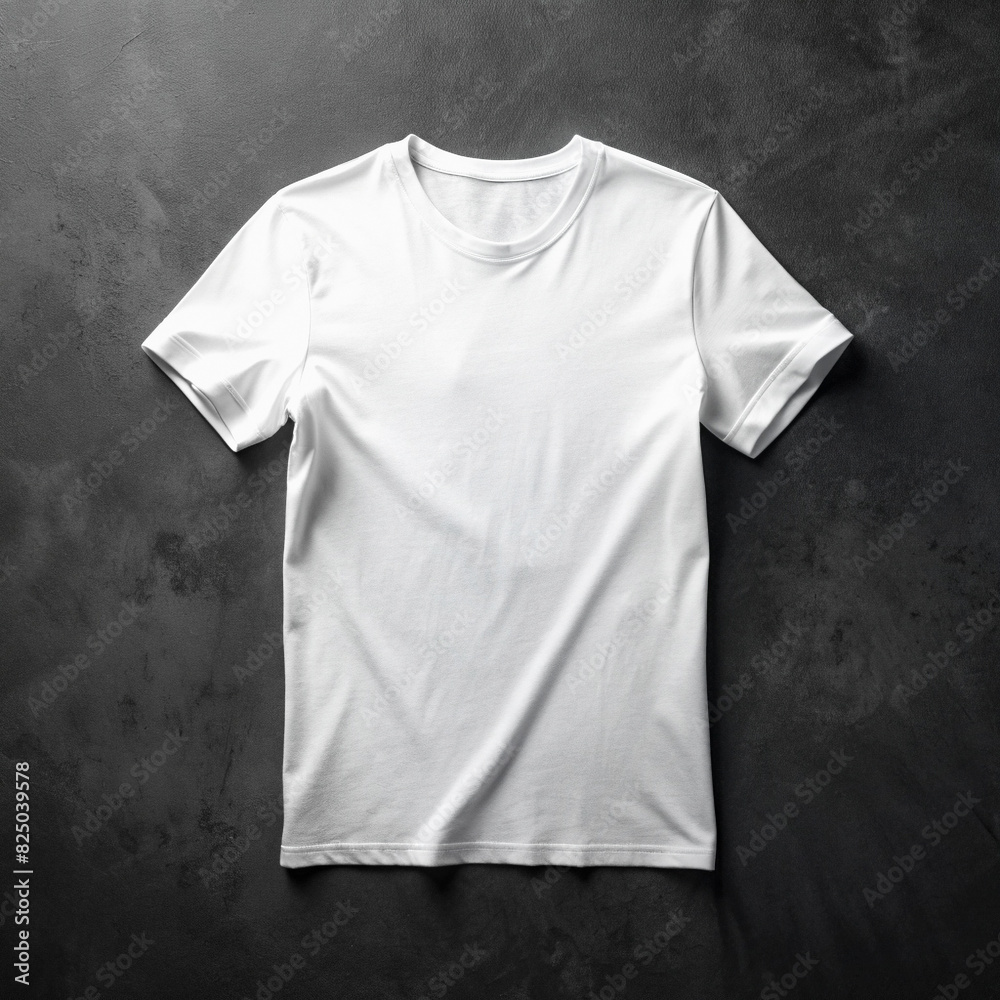 White t-shirt flat lay on the dark surface, top view, white mockup, advertisement for your logo. Copy space. White t-shirt flat lay on the dark surface, top view, white mockup, advertisement for your logo. Copy space.