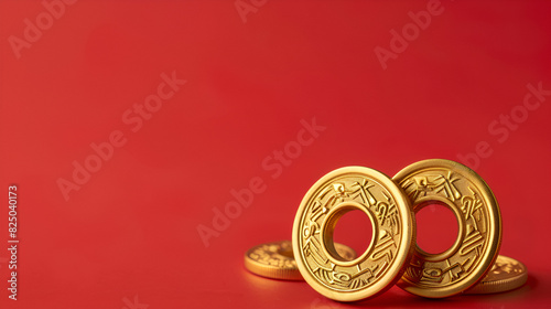 Pair of Golden Chinese Yuanbao with lucky coins, generative ai