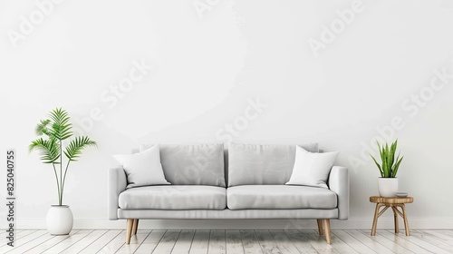 Modern interior design of a living room with an empty wall mockup, wooden floor and grey sofa. Scandinavian home interior design of a modern minimalistic entrance hall in a house or apartment.