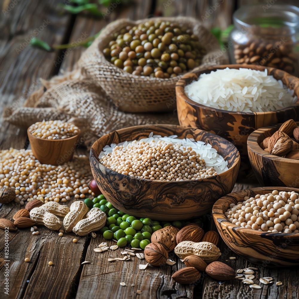 Naklejka premium Various grains and nuts in wooden bowls on a rustic table.