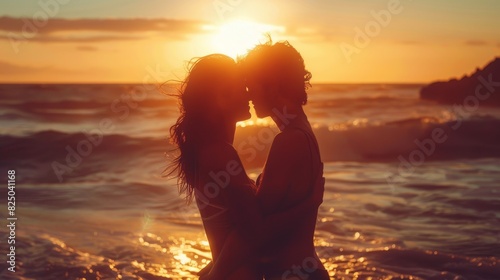 LGBTQ couple on beach at sunset, embracing, waves in background, warm glow, romantic moment, isolated scene, natural beauty, copy space.