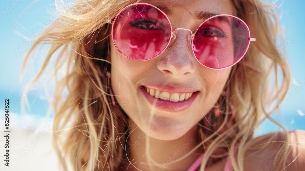 A woman with blonde hair and pink sunglasses is smiling A woman with blonde hair and pink sunglasses is smiling