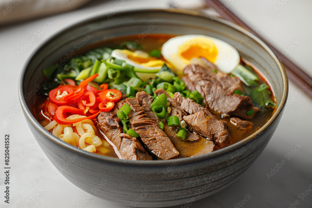 Beef noodles with green onion and chili, vegetables, eggs,sauce served in a bowl isolated on table top view of taiwanese food Beef noodles with green onion and chili, vegetables, eggs,sauce served in a bowl isolated on table top view of taiwanese food
