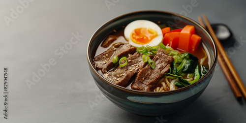 Beef noodles with green onion and chili, vegetables, eggs,sauce served in a bowl isolated on table top view of taiwanese food