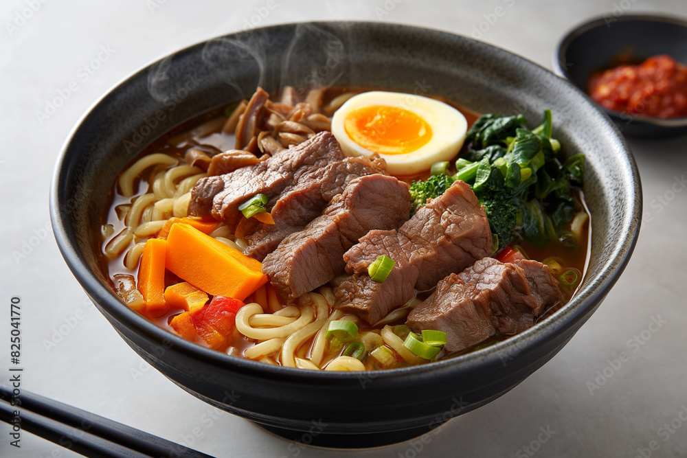 Beef noodles with green onion and chili, vegetables, eggs,sauce served in a bowl isolated on table top view of taiwanese food Beef noodles with green onion and chili, vegetables, eggs,sauce served in a bowl isolated on table top view of taiwanese food