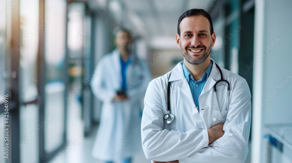 Confident doctor in white coat, standing in modern hospital, stethoscope around neck, smiling, professional environment, clean and bright, copy space. Confident doctor in white coat, standing in modern hospital, stethoscope around neck, smiling, professional environment, clean and bright, copy space.