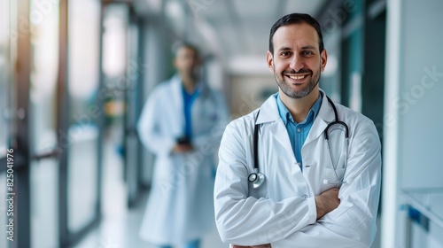 Confident doctor in white coat, standing in modern hospital, stethoscope around neck, smiling, professional environment, clean and bright, copy space.