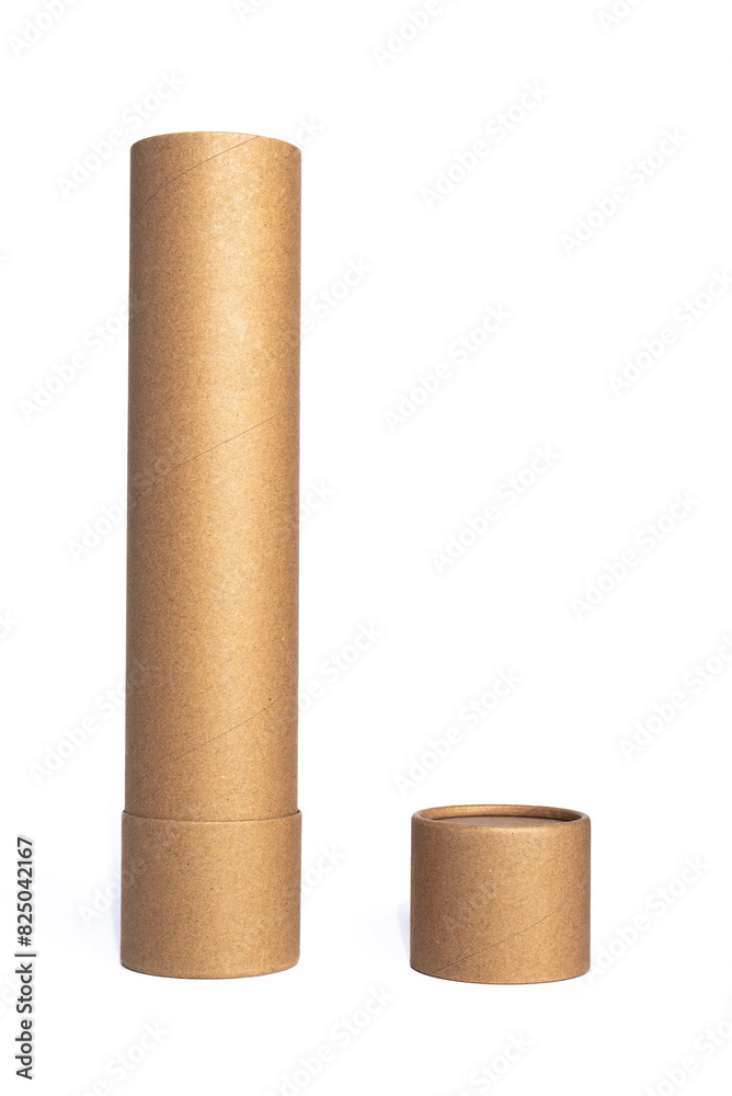 Brown cardboard cylinder tube for shipping isolated on white background. Top removed Brown cardboard cylinder tube for shipping isolated on white background. Top removed