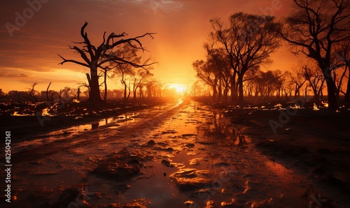 Sun Setting Over Snowy Road