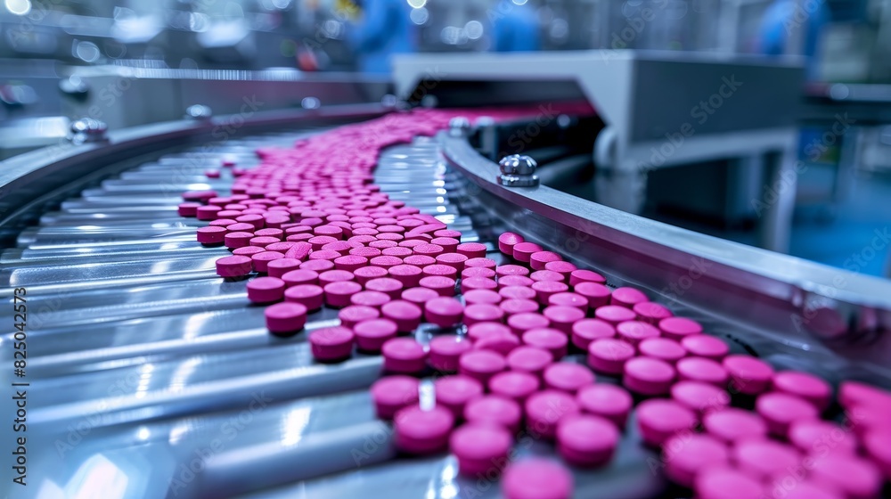 Pills being transported on a conveyor in a pharmaceutical facility, precise engineering, modern equipment Pills being transported on a conveyor in a pharmaceutical facility, precise engineering, modern equipment
