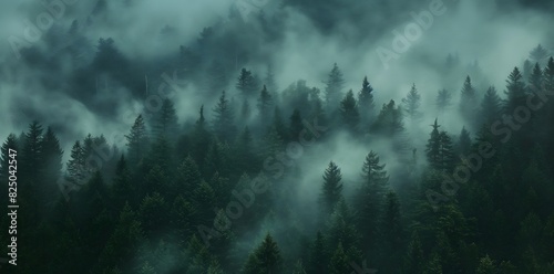 Mysterious Misty Forest Aerial View of Dense Green Trees Against Soft Grey Clouds  Capturing Nature s Beauty
