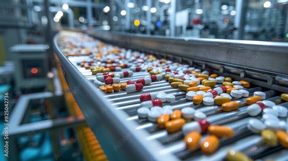 Pharmaceutical production line with pills on a conveyor, high-tech machinery, clean and efficient setup Pharmaceutical production line with pills on a conveyor, high-tech machinery, clean and efficient setup