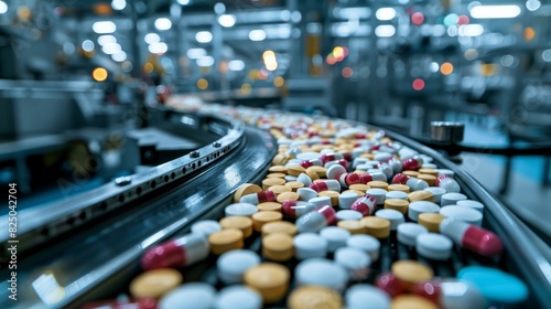 Pharmaceutical production line with pills on a conveyor, high-tech machinery, clean and efficient setup