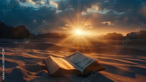 Peaceful desert night with an open Quran, luminous rays shining, creating a sacred atmosphere photo