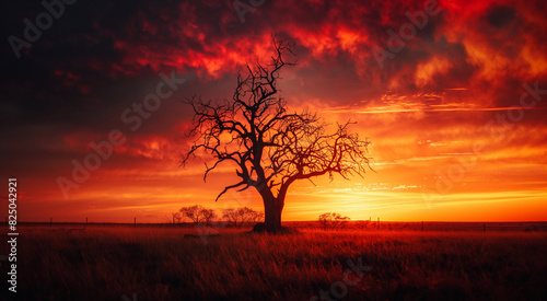 silhouette of a lone tree against fiery sunset
