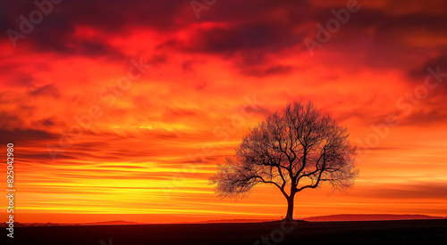 silhouette of a lone tree against fiery sunset © Kritchanok
