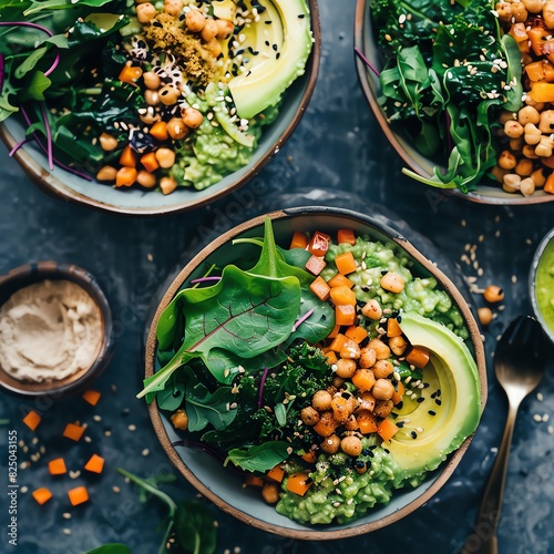 Green salad bowls with avocado, chickpeas, spinach and tahini dressing.