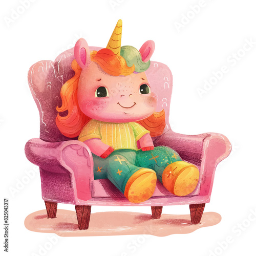 Cute unicorn sitting on chair white background (11)