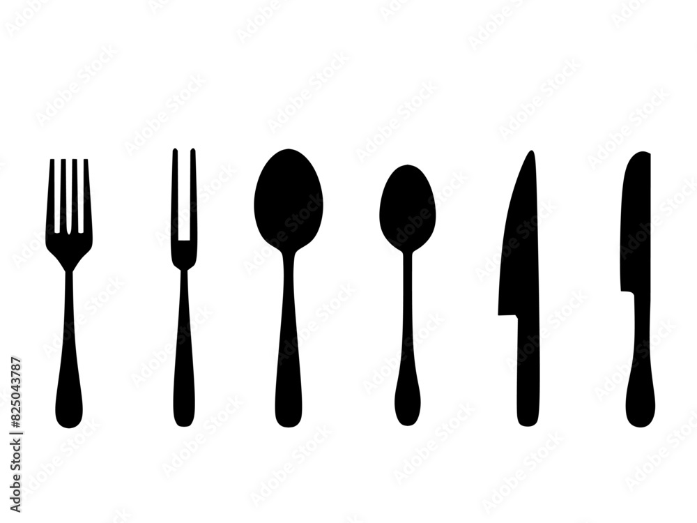 Set of Cutlery collection. Fork, tablespoon, teaspoon, and different knifes. Tableware. Hand drawn vector illustration. Silhouette Kitchen utensils. Set of Cutlery collection. Fork, tablespoon, teaspoon, and different knifes. Tableware. Hand drawn vector illustration. Silhouette Kitchen utensils.