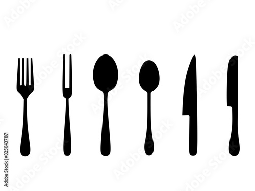 Set of Cutlery collection. Fork, tablespoon, teaspoon, and different knifes. Tableware. Hand drawn vector illustration. Silhouette Kitchen utensils.