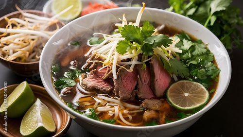 A mouth-watering food photography of a traditional Vietnamese Pho dish