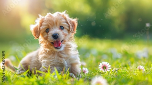 Cute puppy playing in a grassy field, fluffy fur, playful expression, flowers in background, bright and sunny day, joyful and energetic, copy space.