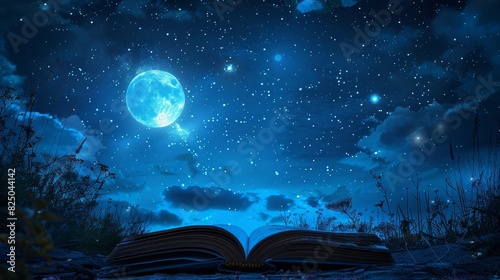 Night view, an open book with enchanted letters rising, forming a magical constellation, serene and magical ambiance photo