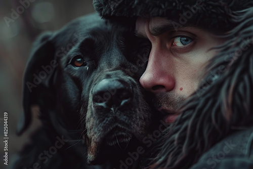 Portrait of a black dog and his man. Closeup of Friendship. Cheer up the Lonely Day 1th July photo
