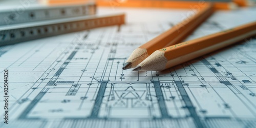 Architectural Blueprint with Pencils and Ruler on Desk