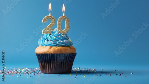 20th birthday cupcake with whipped cream, sprinkles, candles, and number 20, isolated on blue background with space for text