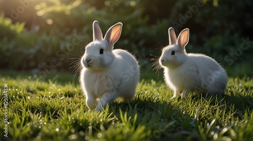 Cute fluffy little rabbit on a meadow grass field in the morning.generative.ai