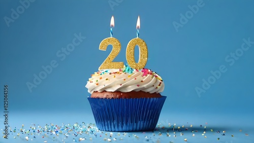 Colorful birthday cupcake with whipped cream, sprinkles, candles, and number 20, isolated on blue background