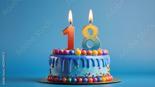 Birthday cake with blue icing, colorful sprinkles, and lit candles, 18th birthday celebration concept, isolated on blue background