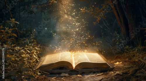 Night view, an open book emitting a radiant light, magical words creating a pathway through a mystical landscape photo